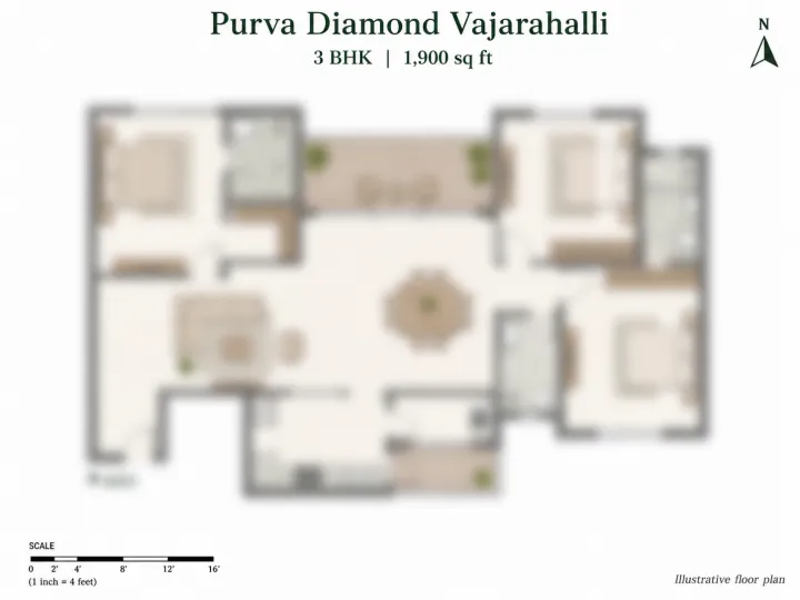 3 BHK floor plan reference at Purva Diamond Vajarahalli - 1,900 sq ft