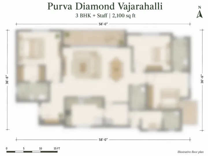 3 BHK + Staff floor plan reference at Purva Diamond Vajarahalli - 2,100 sq ft